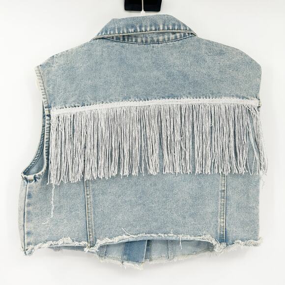 Womens Western Cowgirl Fringe Pocket Button Up Cropped Denim Vest‎ Jacket Large - Picture 6 of 6